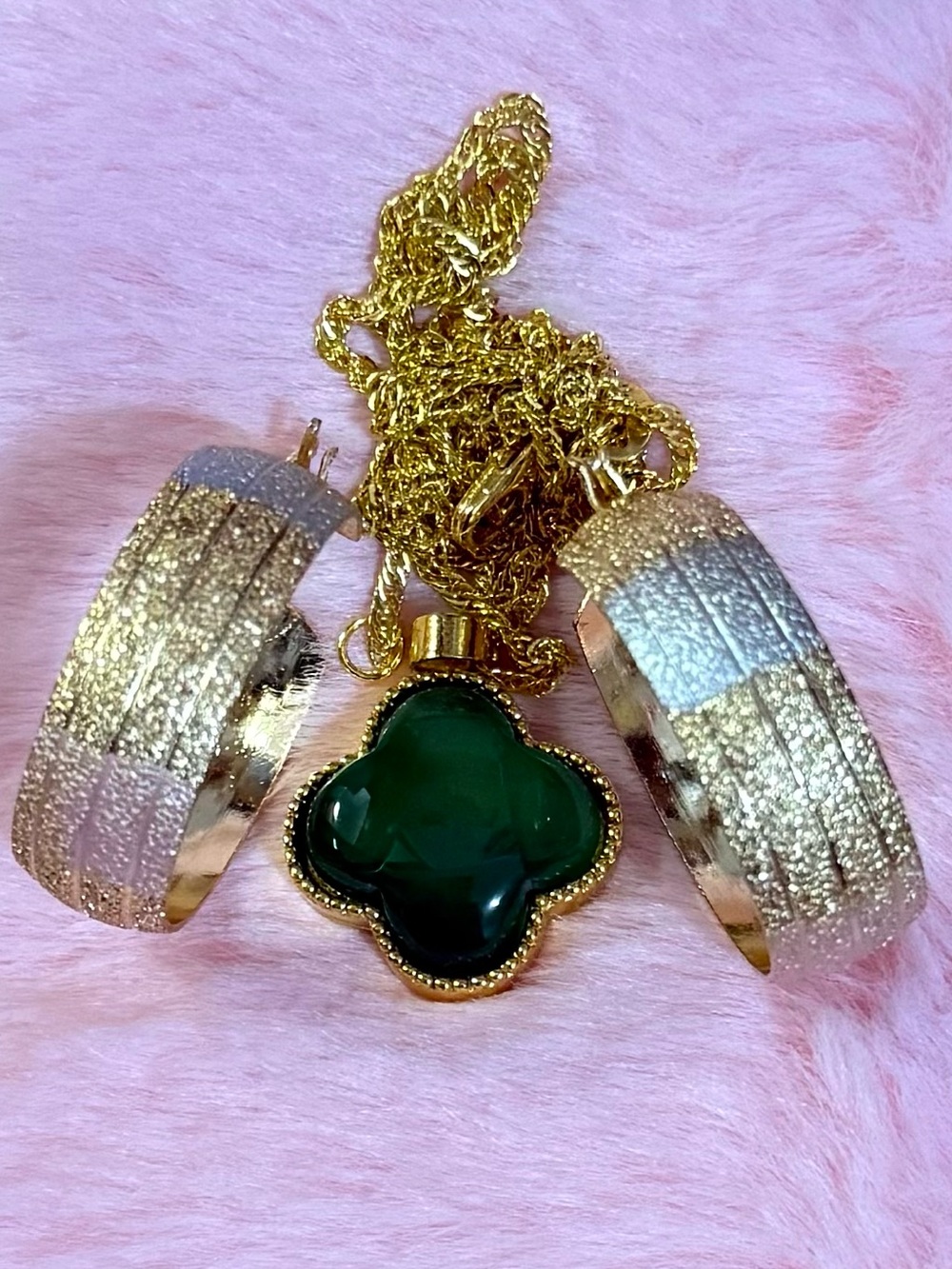 Natural Green Agate Jade Four Leaf Clover Pendant, 18K Gold Filled Hoop Earrings